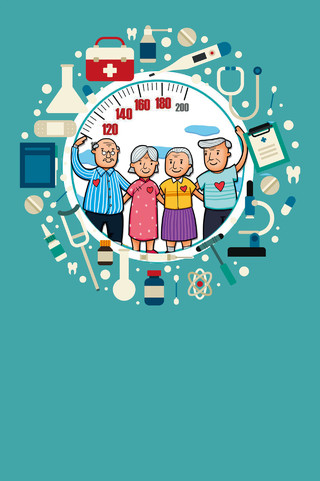  卡通手绘老年人血压表健康世界高血压日节日蓝色海报背景